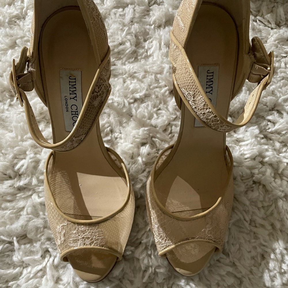 Jimmy Choo Beige Lace Peep-Toe Ankle Strap Heels